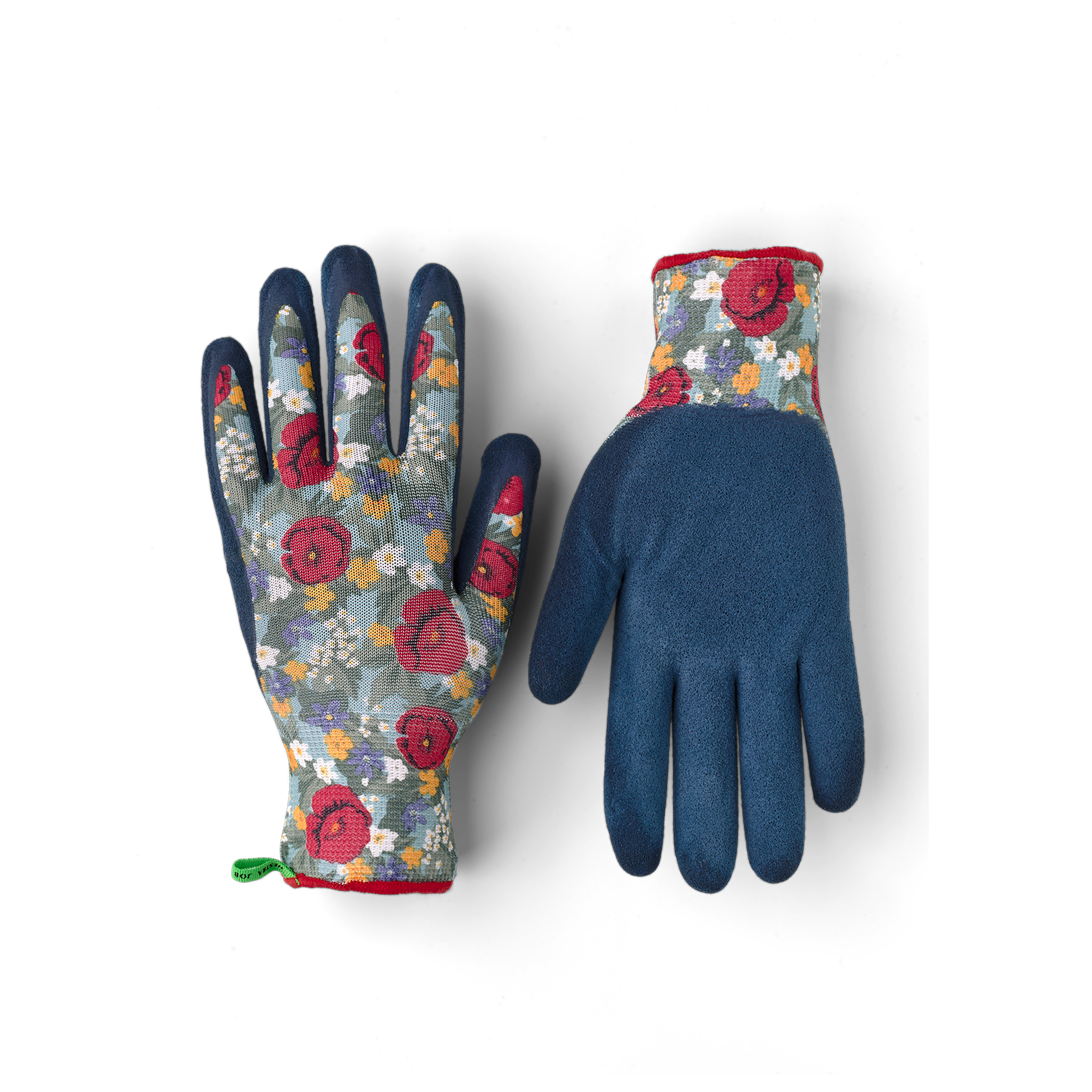 Hestra Garden Latex Dip glove in Red Print/Medium blue – front view